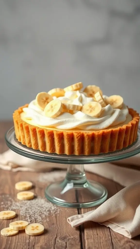 A delicious banana cream pie topped with banana slices and whipped cream, displayed on a glass cake stand.