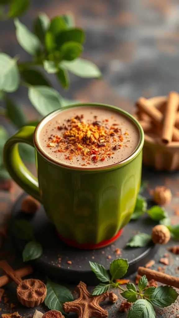 A green mug filled with spicy Mexican hot chocolate, topped with chili powder and cinnamon, surrounded by cinnamon sticks and mint leaves.