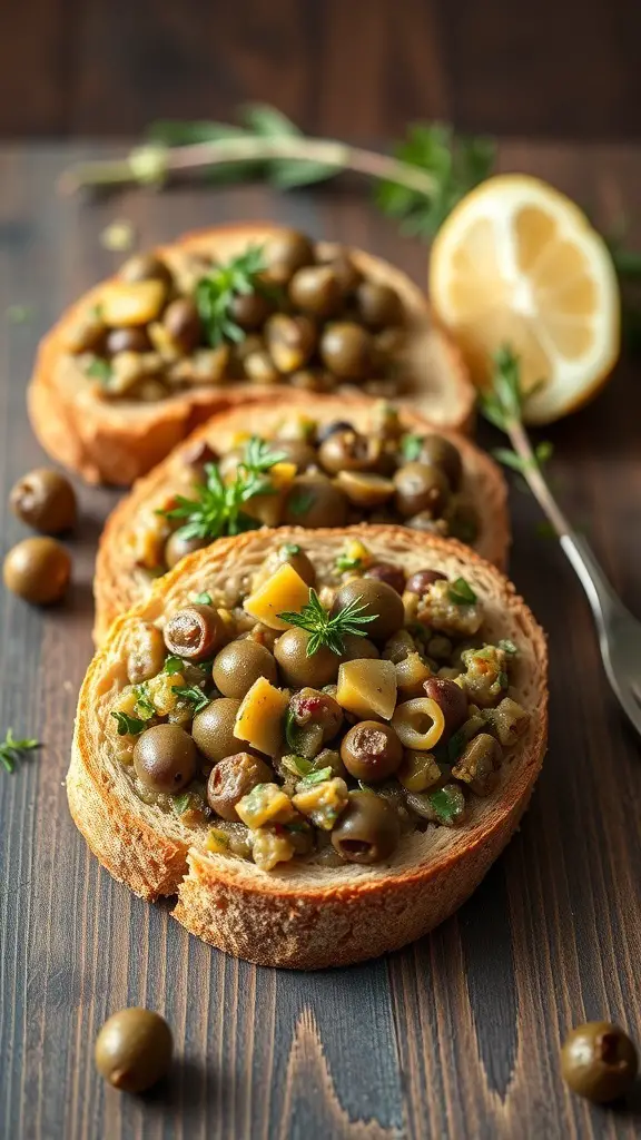 Slices of whole grain toast topped with olive tapenade and garnished with herbs and lemon.