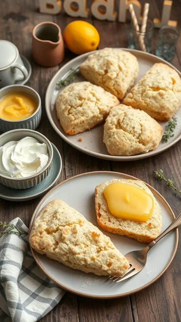 Plate of lemon thyme scones with clotted cream and lemon curd