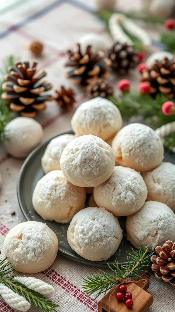 A plate of snowball cookies surrounded by pinecones and festive decorations.