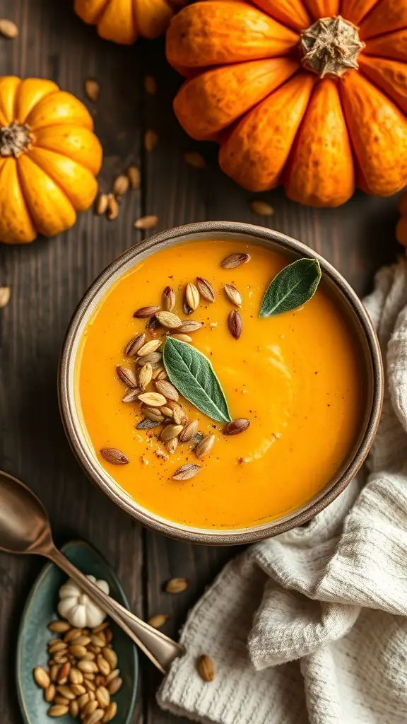 A bowl of pumpkin and sage soup topped with pumpkin seeds, surrounded by fresh pumpkins and a spoon.