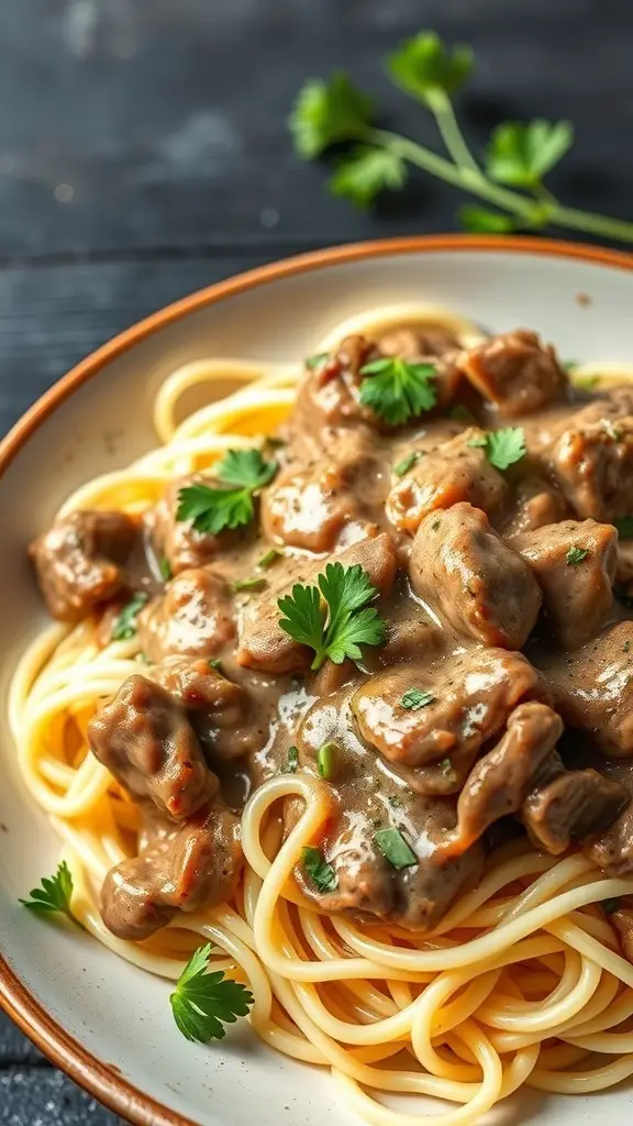 A plate of Keto Beef Stroganoff with Shirataki Noodles topped with fresh parsley.