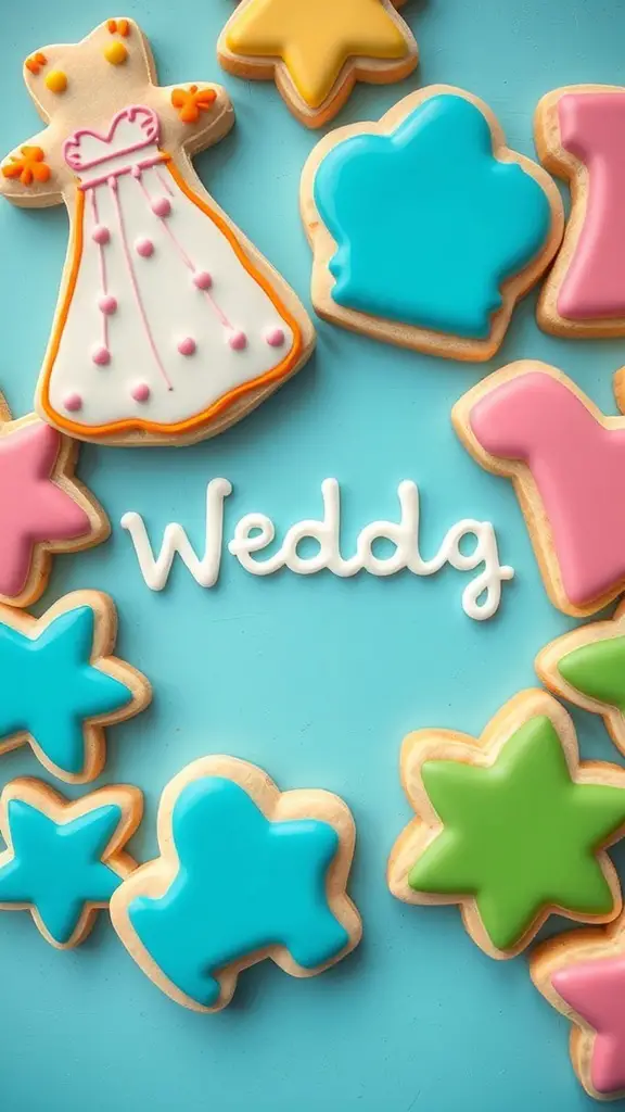 Colorful wedding sugar cookies including a bride cookie and star shapes