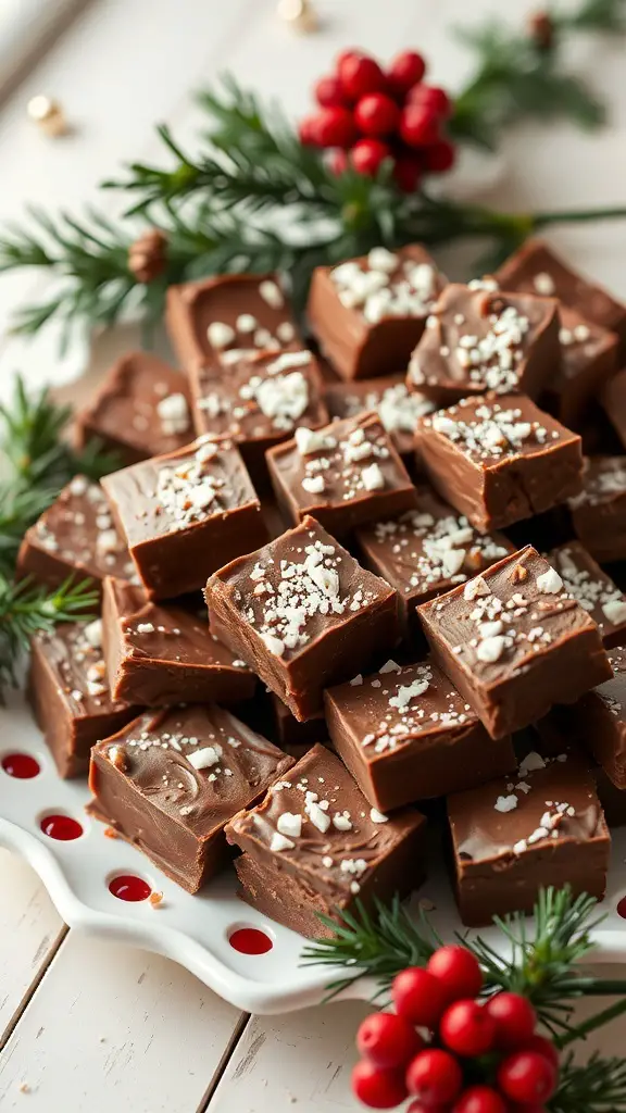 A plate of classic chocolate fudge squares decorated with festive toppings, surrounded by pine branches and red berries.