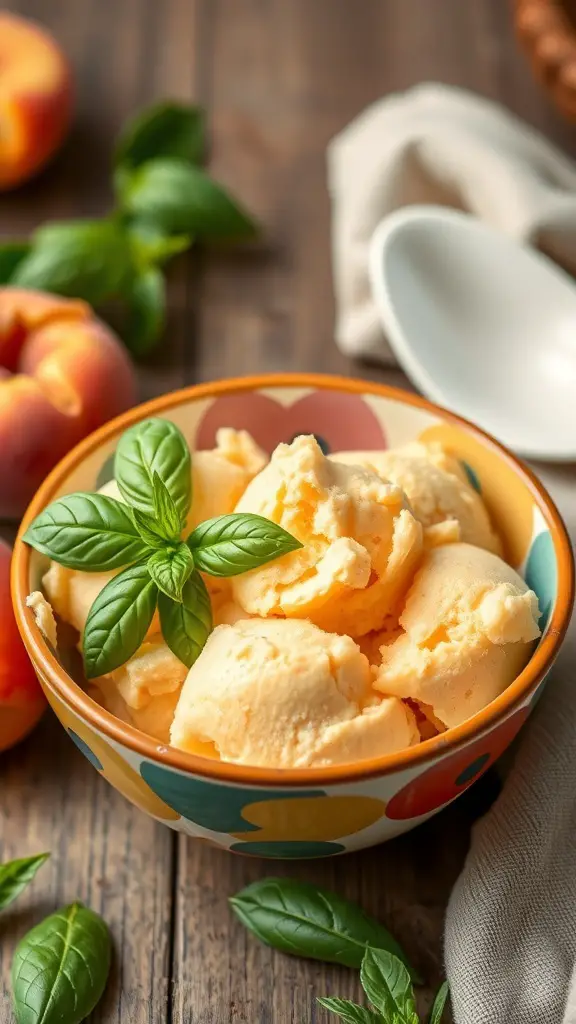Bowl of peach sorbet with basil leaves on a wooden table