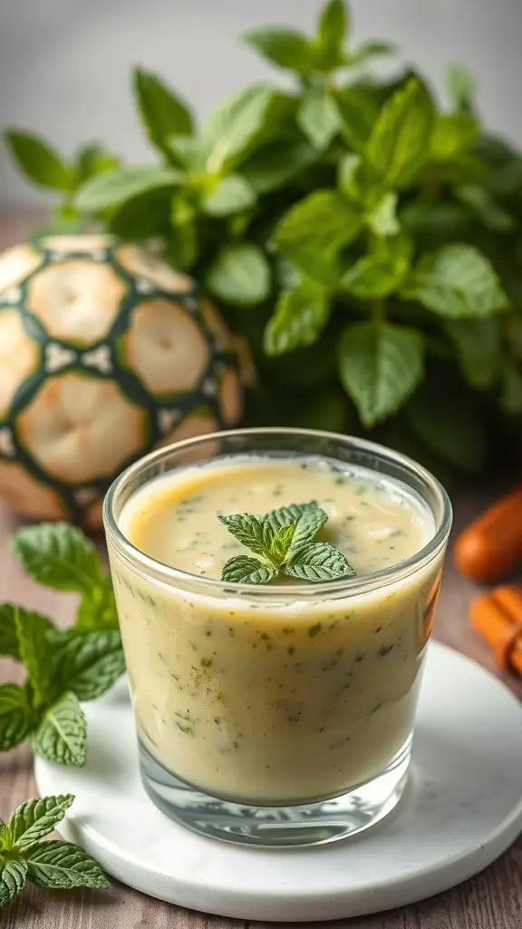 A glass of creamy zucchini and mint soup garnished with fresh mint leaves, with mint plants in the background.