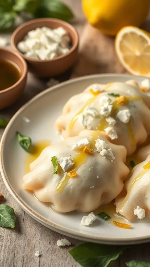 A plate of spinach and feta perogies topped with crumbled feta and drizzled with olive oil, accompanied by lemon and fresh herbs.