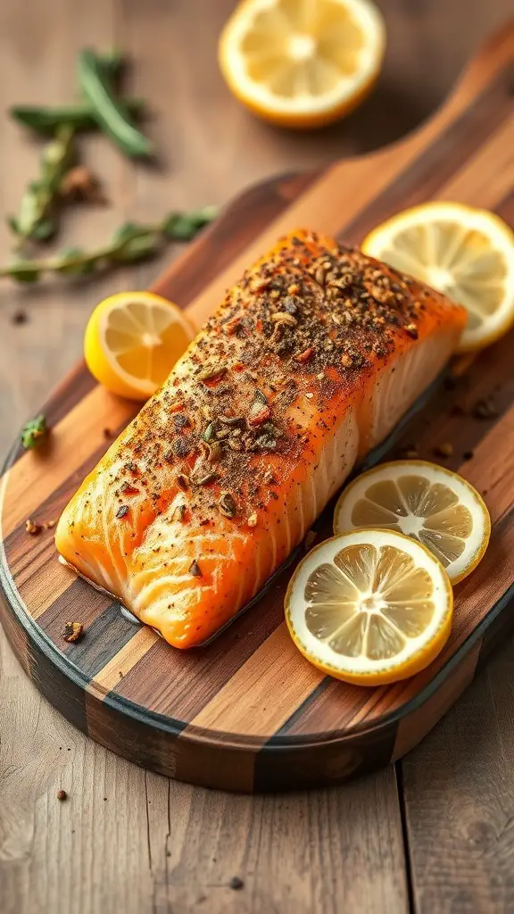 Zaatar spiced salmon fillet on a wooden cutting board with lemon slices.