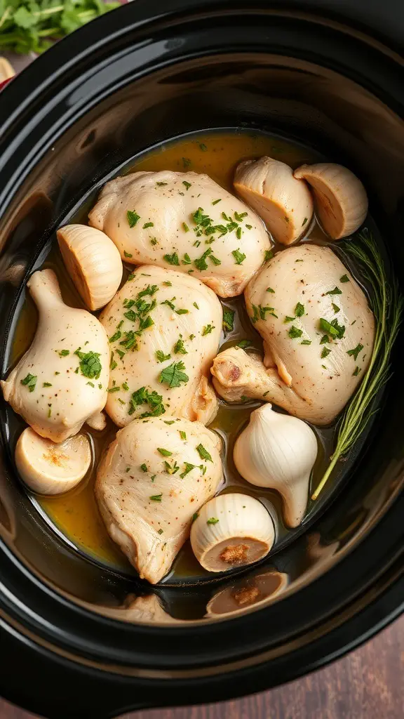 Tender chicken breasts with garlic and herbs in a slow cooker