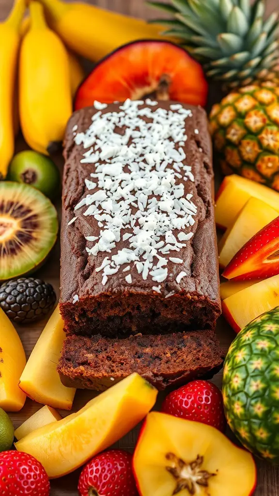 A loaf of chocolate banana bread surrounded by various tropical fruits, topped with shredded coconut.