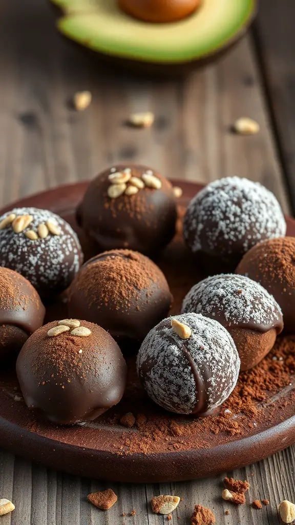 A plate of chocolate avocado truffles, some coated in cocoa powder and others in nuts, with an avocado in the background.