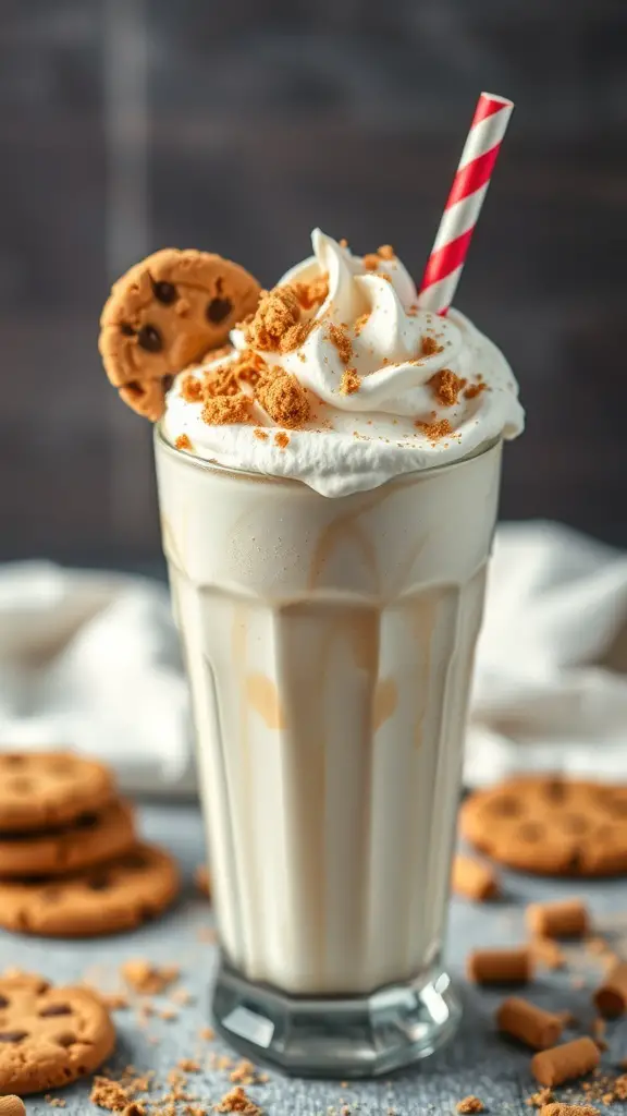 A delicious snickerdoodle milkshake topped with whipped cream and cookie crumbles, served with a red and white straw.
