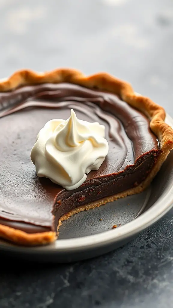 A slice of Chocolate Chess Pie with a dollop of whipped cream on top.