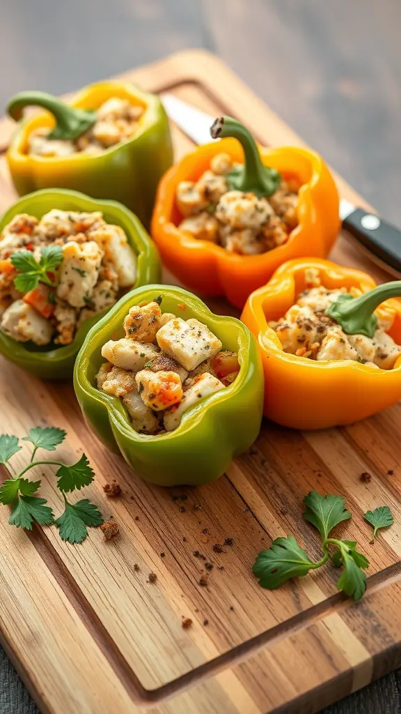 Colorful stuffed peppers filled with spiced fish on a wooden cutting board