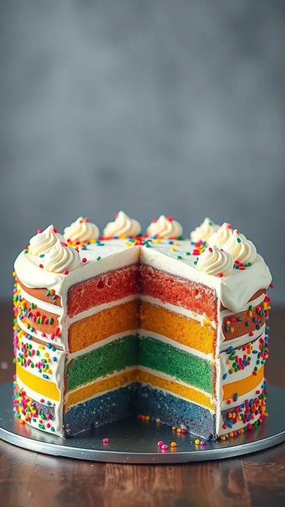 A colorful layered rainbow cake with sprinkles on top, showcasing vibrant layers of cake.