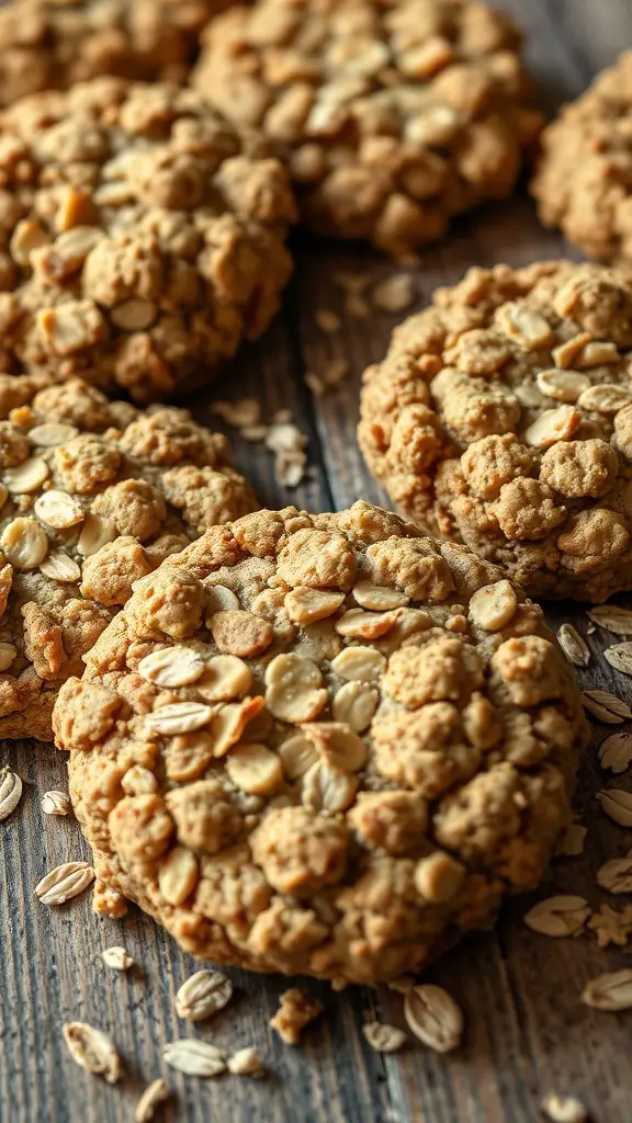 Close-up of toffee oatmeal cookies with oats scattered around