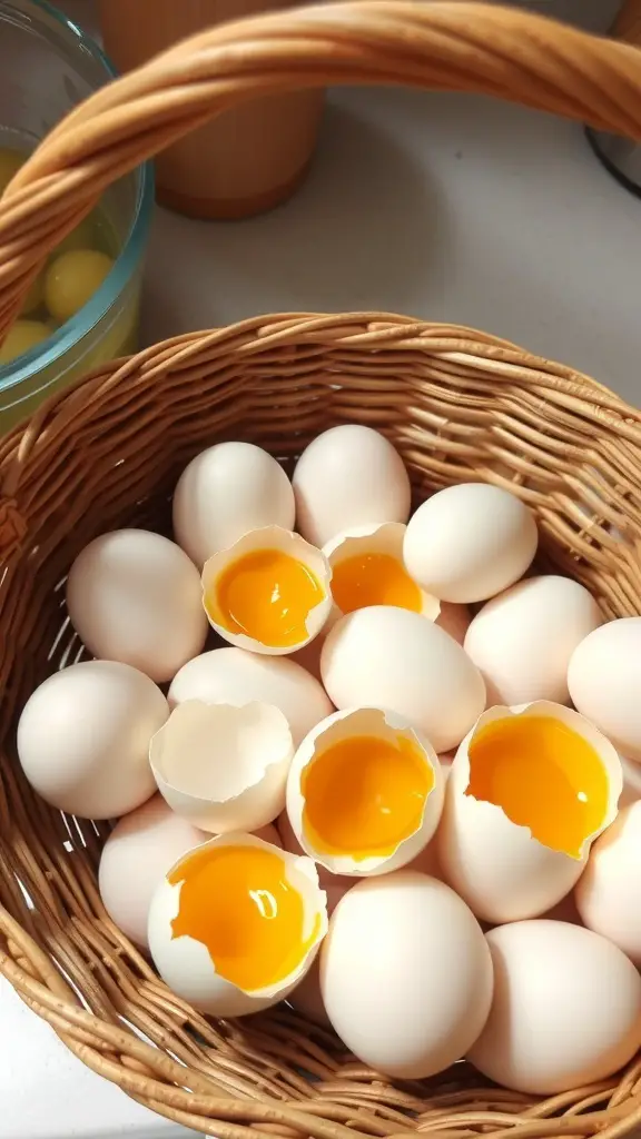 A basket filled with eggs, some cracked open, showcasing the bright yolks inside.