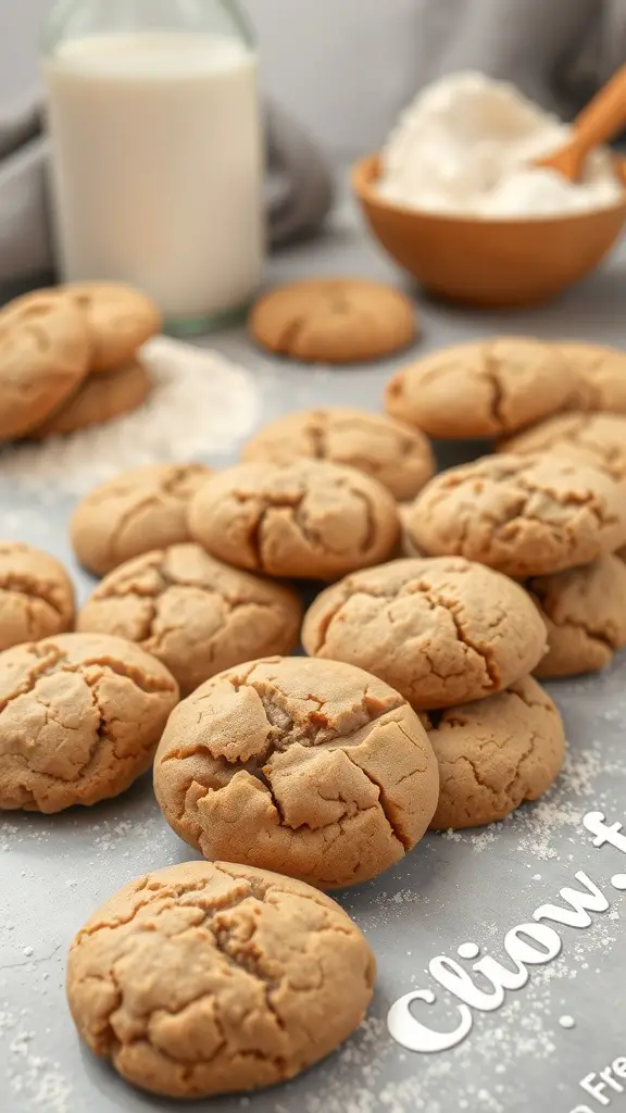 A spread of gluten-free brown butter cookies with a glass of milk and a bowl of flour in the background.