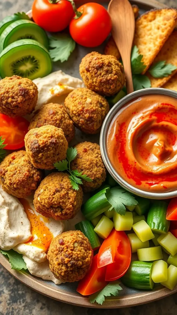 A plate of falafel balls served with hummus and fresh vegetables.