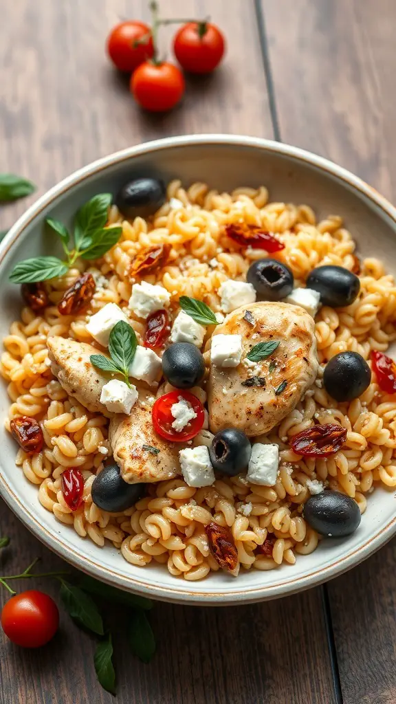 A bowl of Mediterranean Chicken Orzo with chicken, olives, tomatoes, and feta cheese.