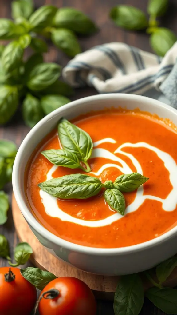A bowl of creamy tomato basil soup garnished with fresh basil leaves, surrounded by tomatoes and basil leaves.
