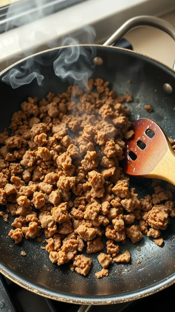 Ground beef cooking in a pan with steam rising