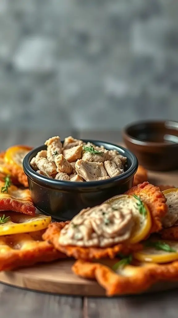A bowl of chicken liver pâté surrounded by crispy pork cracklings and garnished with lemon slices.