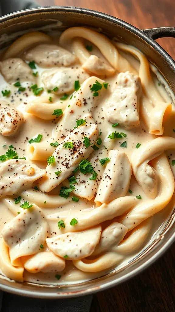 A bowl of creamy One-Pot Chicken Alfredo with fettuccine noodles and chunks of chicken, garnished with parsley.