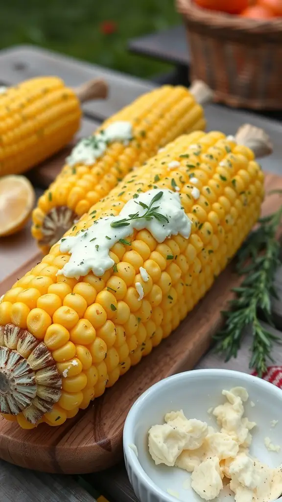 Fresh corn on the cob topped with herb butter on a wooden board
