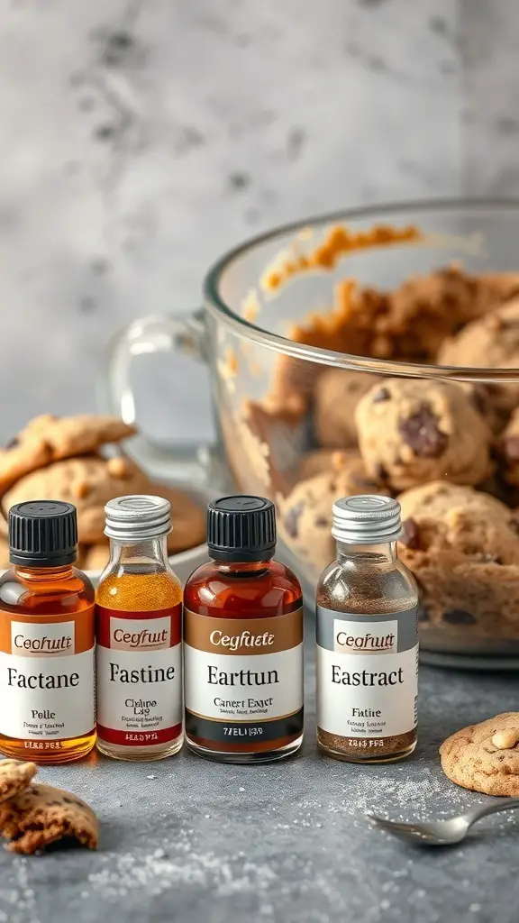 A selection of flavor extracts for baking, with a bowl of cookie dough in the background.