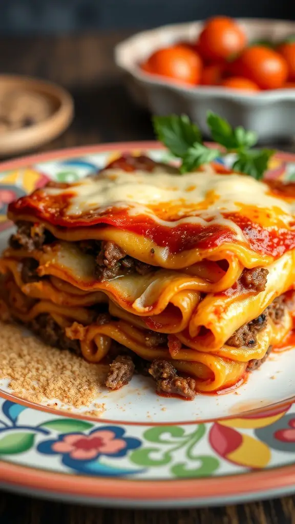 A delicious serving of classic beef lasagna with layers of cheese on a colorful plate.