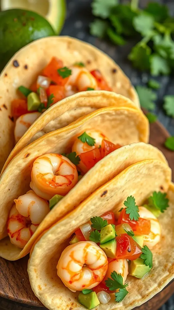 Three Mediterranean shrimp tacos filled with shrimp, tomatoes, and avocado, garnished with cilantro.