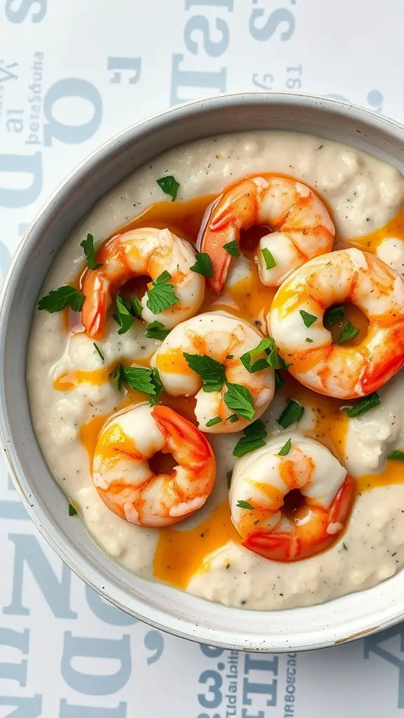 A bowl of creamy shrimp and grits topped with shrimp and parsley