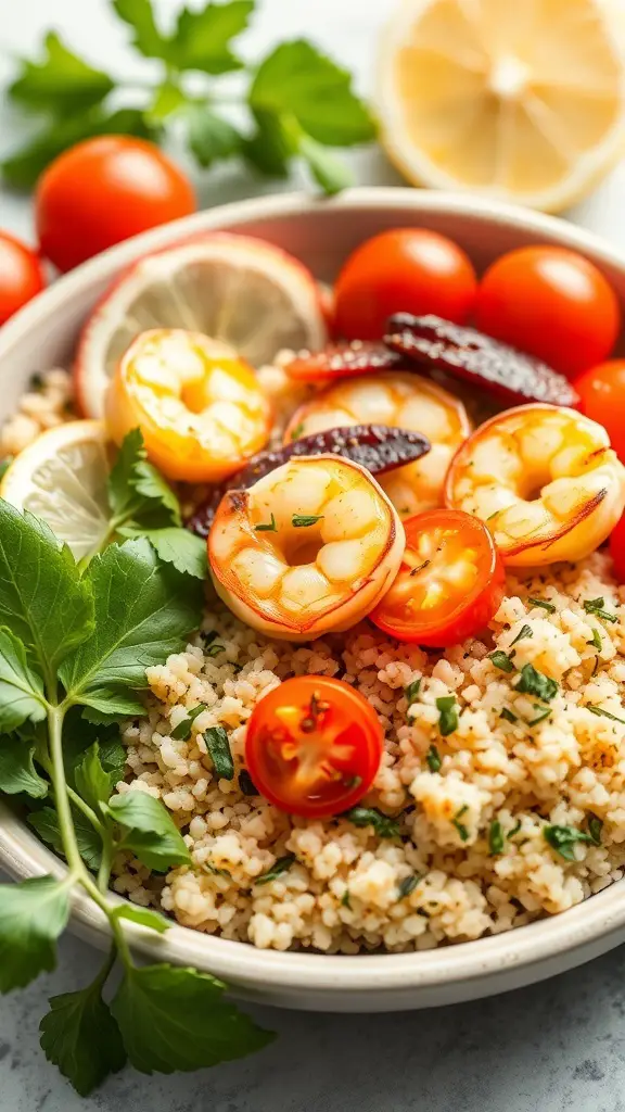 A bowl of shrimp and quinoa with cherry tomatoes and lemon slices, garnished with parsley.
