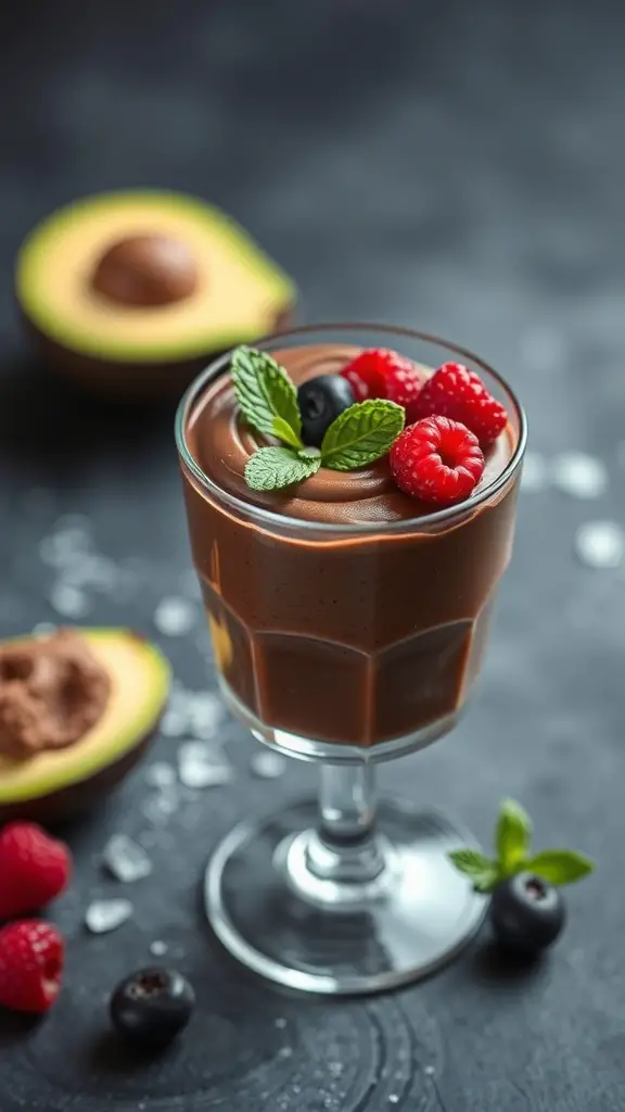 A glass of chocolate avocado mousse topped with raspberries, blueberries, and mint leaves, with a halved avocado in the background.
