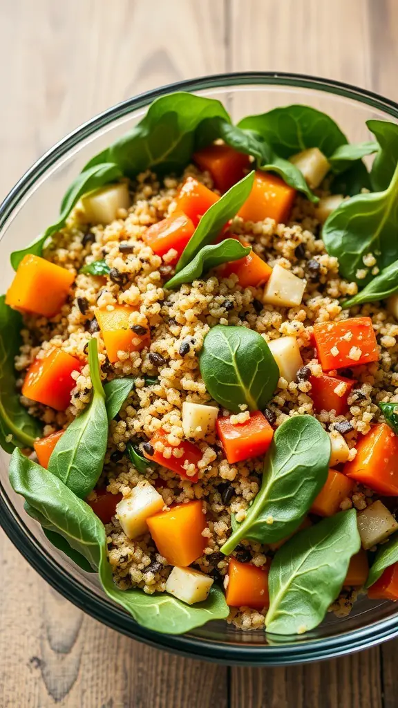 A colorful quinoa and spinach salad with diced bell peppers and apples, served in a glass bowl.