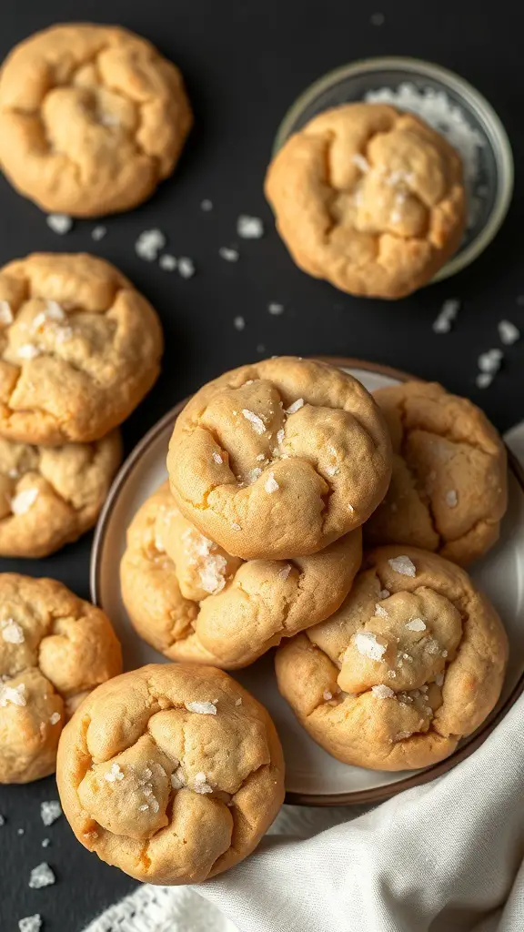 A plate of brown butter cookies topped with sea salt, arranged beautifully.