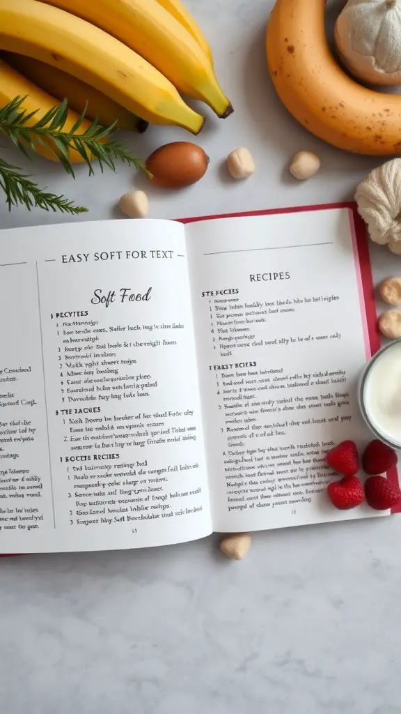 A recipe book open to soft food recipes, surrounded by bananas, yogurt, and raspberries.