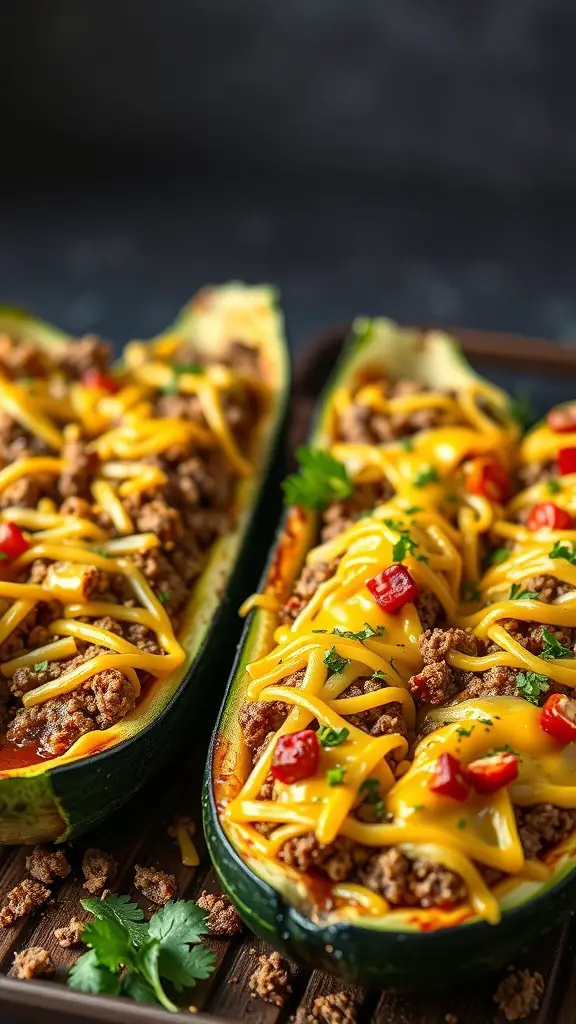 Stuffed zucchini boats filled with ground beef and topped with cheese