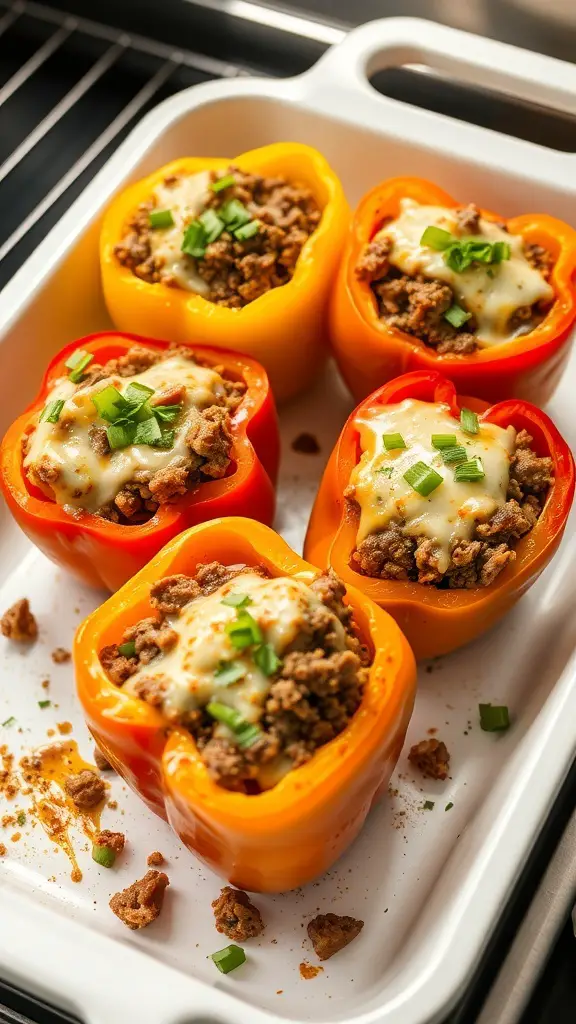 Colorful bell peppers stuffed with ground beef and cheese, topped with green onions.
