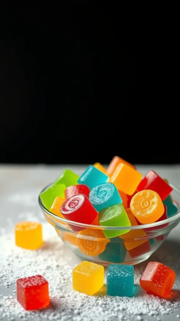 Colorful beef gelatin gummies in a glass bowl on a white surface