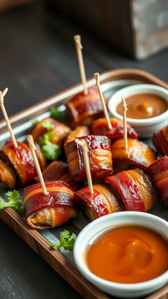 A platter of bacon-wrapped burger bites with dipping sauces