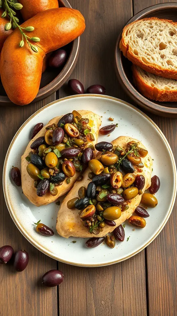Plate of Olive Tapenade Chicken Bake with olives and bread on the side