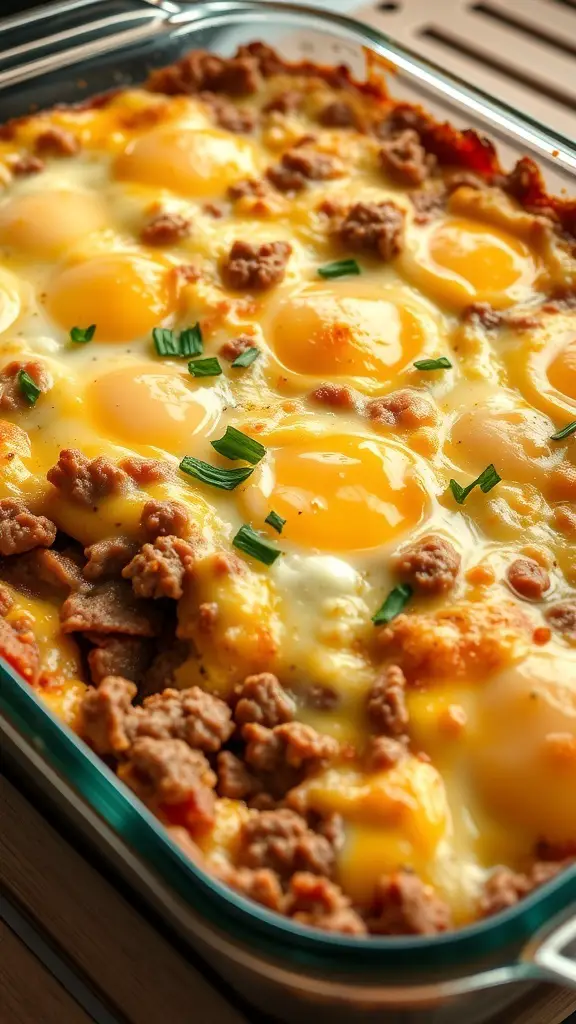 A delicious cheesy beef and egg casserole with golden yolks and melted cheese.