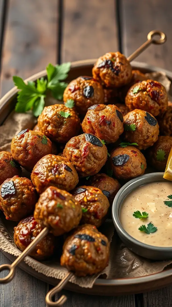 A platter of spiced meatballs and kofta skewers with a creamy dip