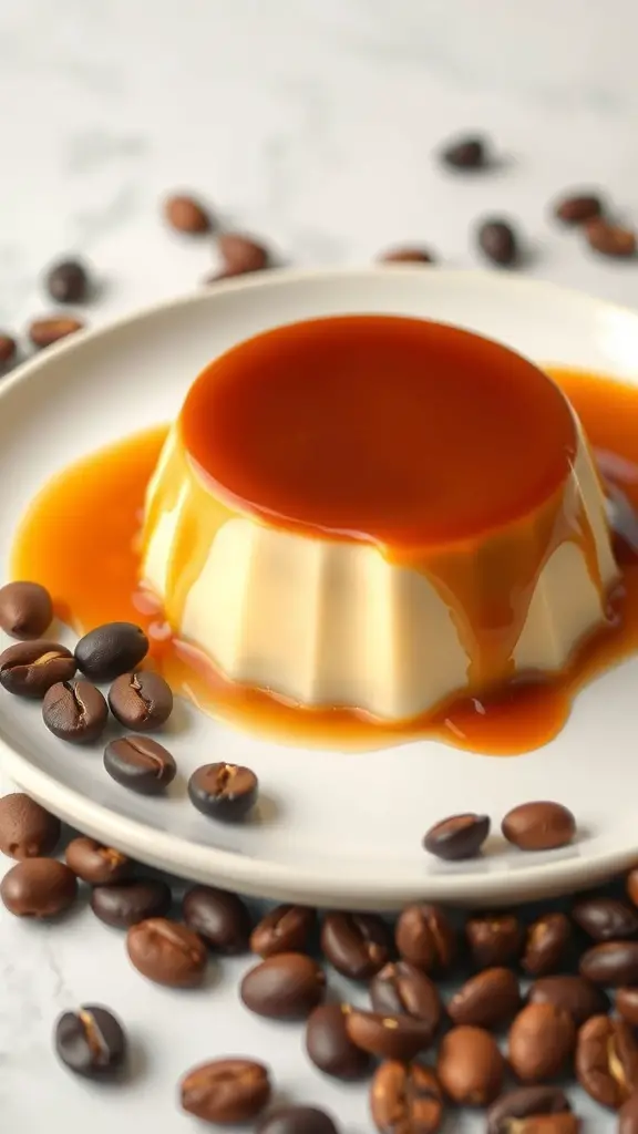 A creamy coffee flan topped with caramel sauce, surrounded by coffee beans.