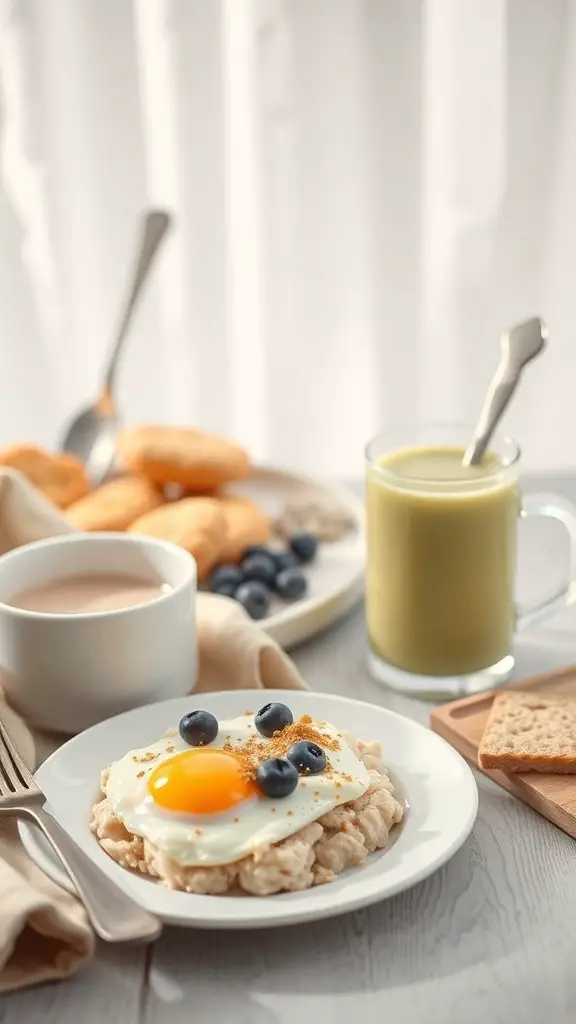 A breakfast spread featuring a soft egg on oatmeal with blueberries, chocolate milk, and croissants.