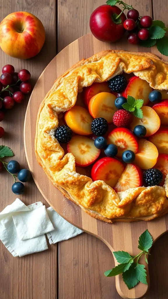 A rustic fruit tart with peaches, berries, and apples on a wooden board.