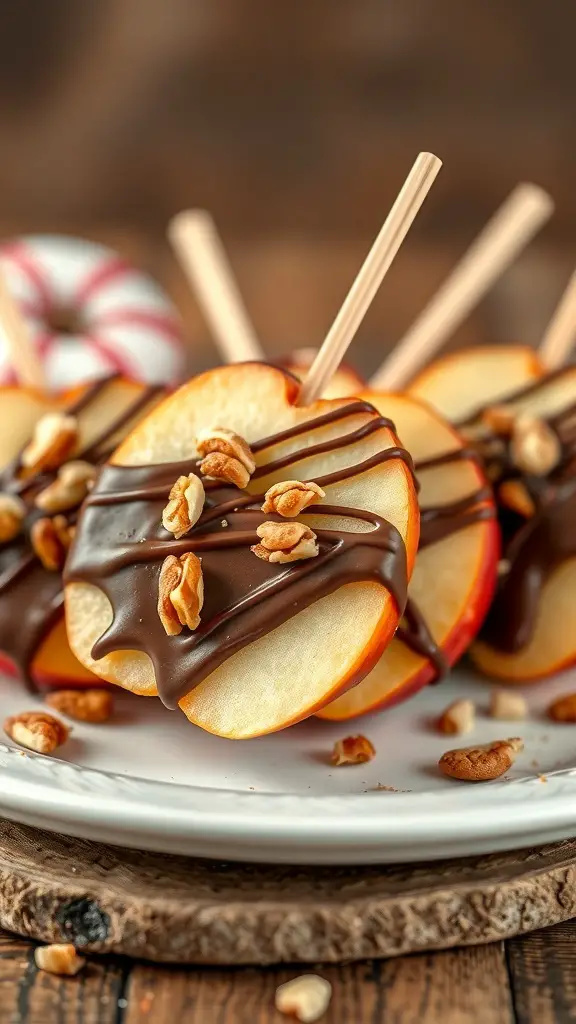 Sliced apples dipped in chocolate and topped with nuts on a plate.